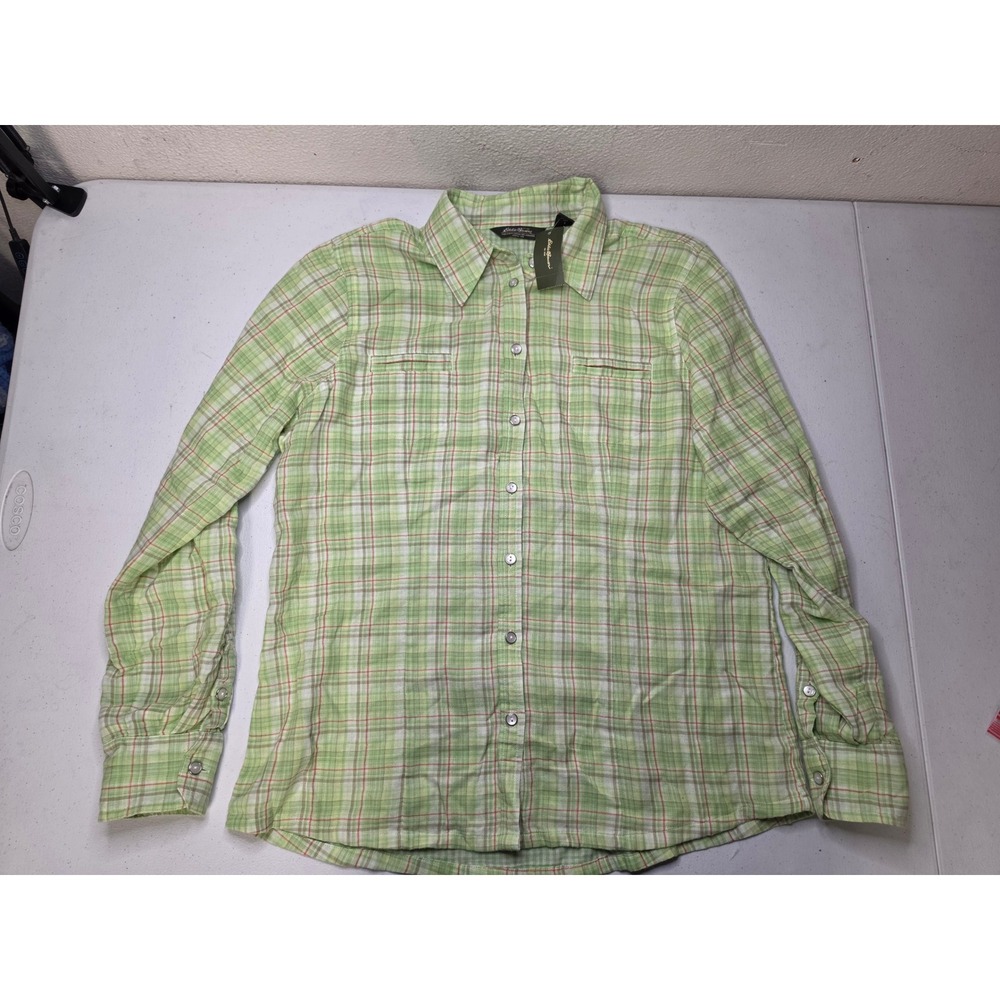 Eddie Bauer Womens Large Green Plaid Cotton Button Down Shirt Long Sleeve NWT